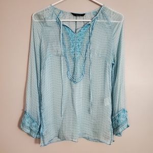Cassidi womens blouse XS blue see through embroidery slits
